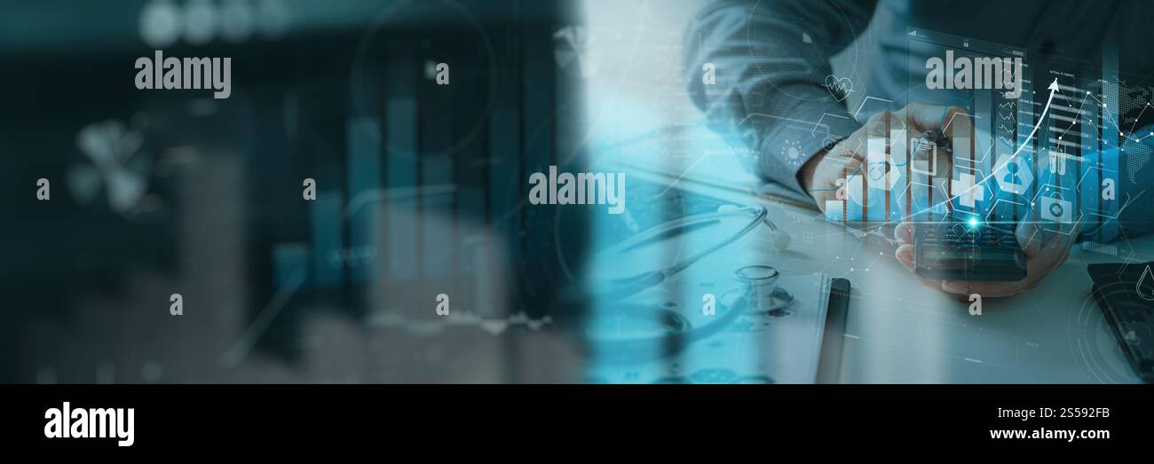 Gesundheitswesen und medizinische Versicherung Geschäft virtuelle Grafik Daten und Wachstum mit Medical Finanz-und Arzt Analyse medizinischen Bericht Netzwerkverbindung Stockfoto