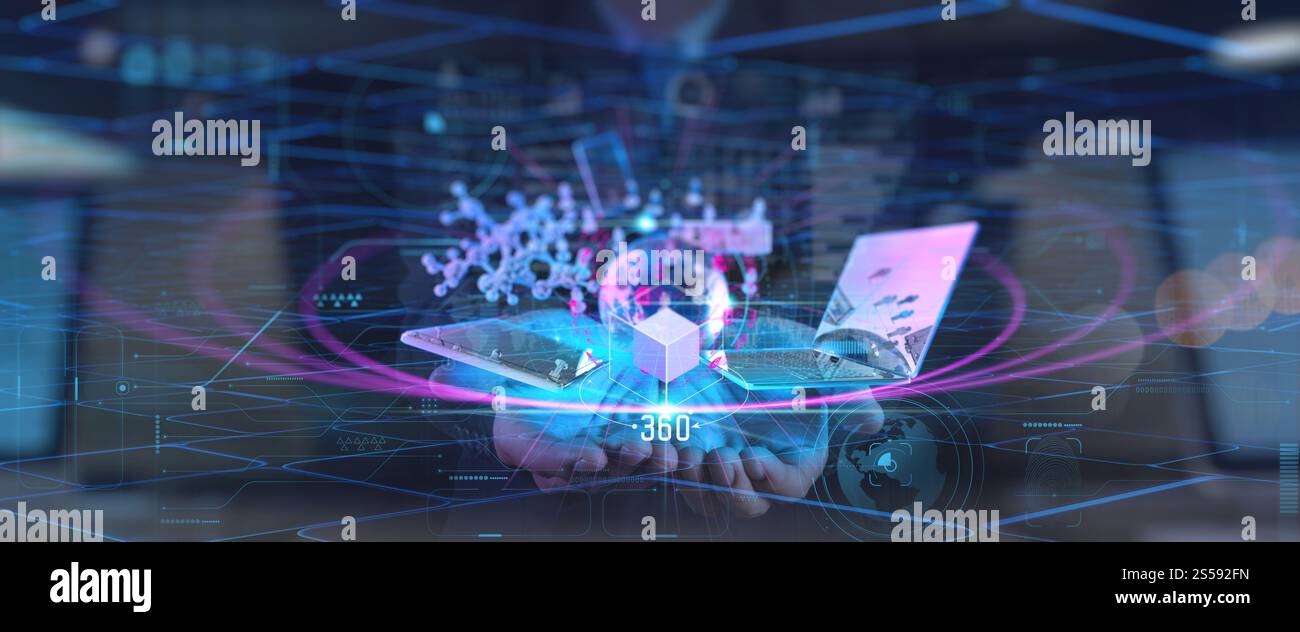 Metaverse Digital Cyber World Technologie Konzept Geschäftsmann Erfolg Zusammenarbeit mit seinem Team als Konzept mit virtueller digitaler Dashboard-Schnittstelle mit Stockfoto