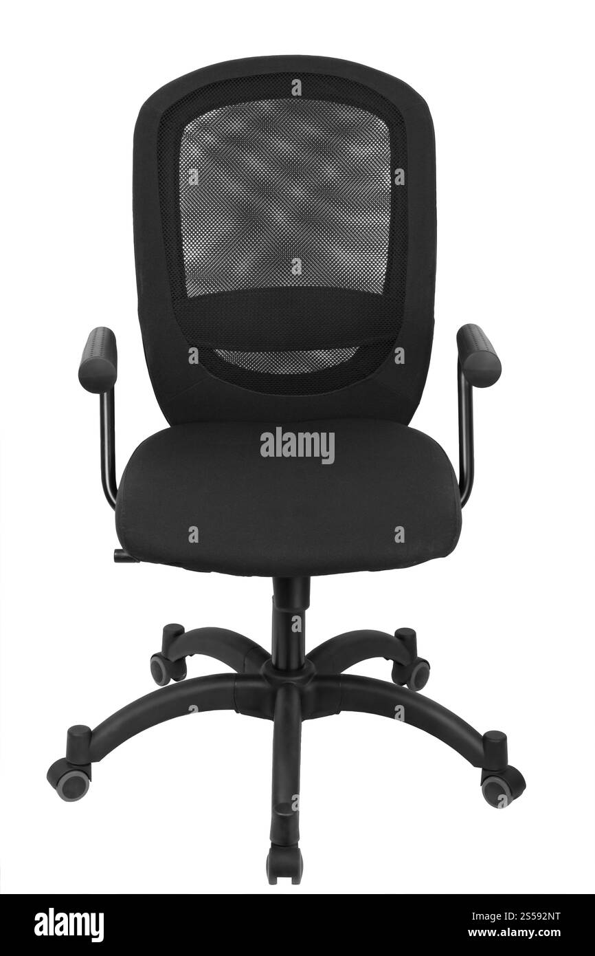 Schwarzer Bürostuhl isoliert auf weißem Hintergrund. Schwarzer Bürostuhl Stockfoto