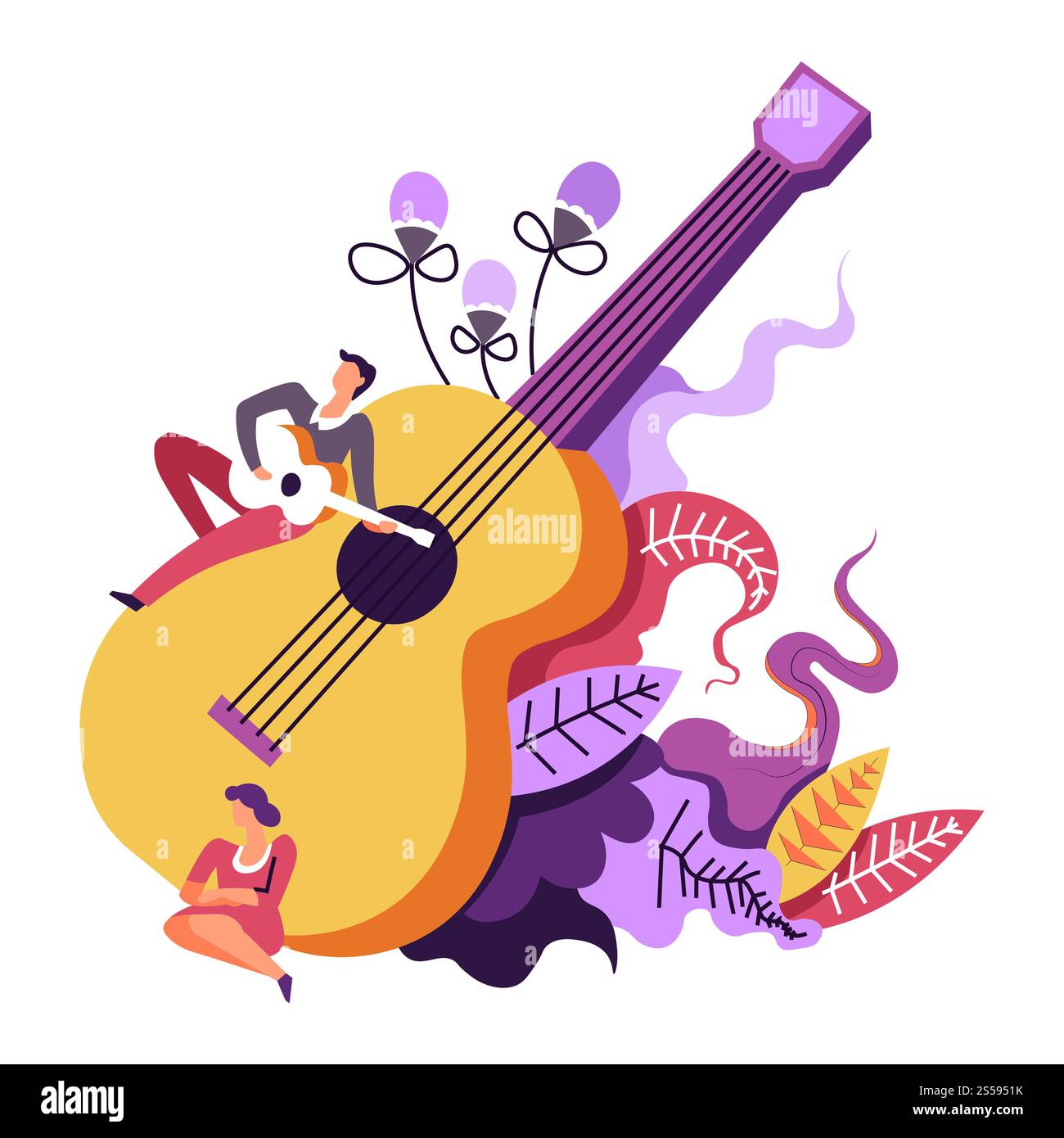 Musikkonzert, musikalische Aufführung eines Gitarristen, der auf großen Gitarrenvektoren spielt. Musiker und Dame, Leute, die Melodien und Melodien genießen. Saiteninstrument und Blumendekoration, Blätter und Laub. Musikkonzert, musikalische Aufführung eines Gitarristen, der auf großer Gitarre spielt Stock Vektor