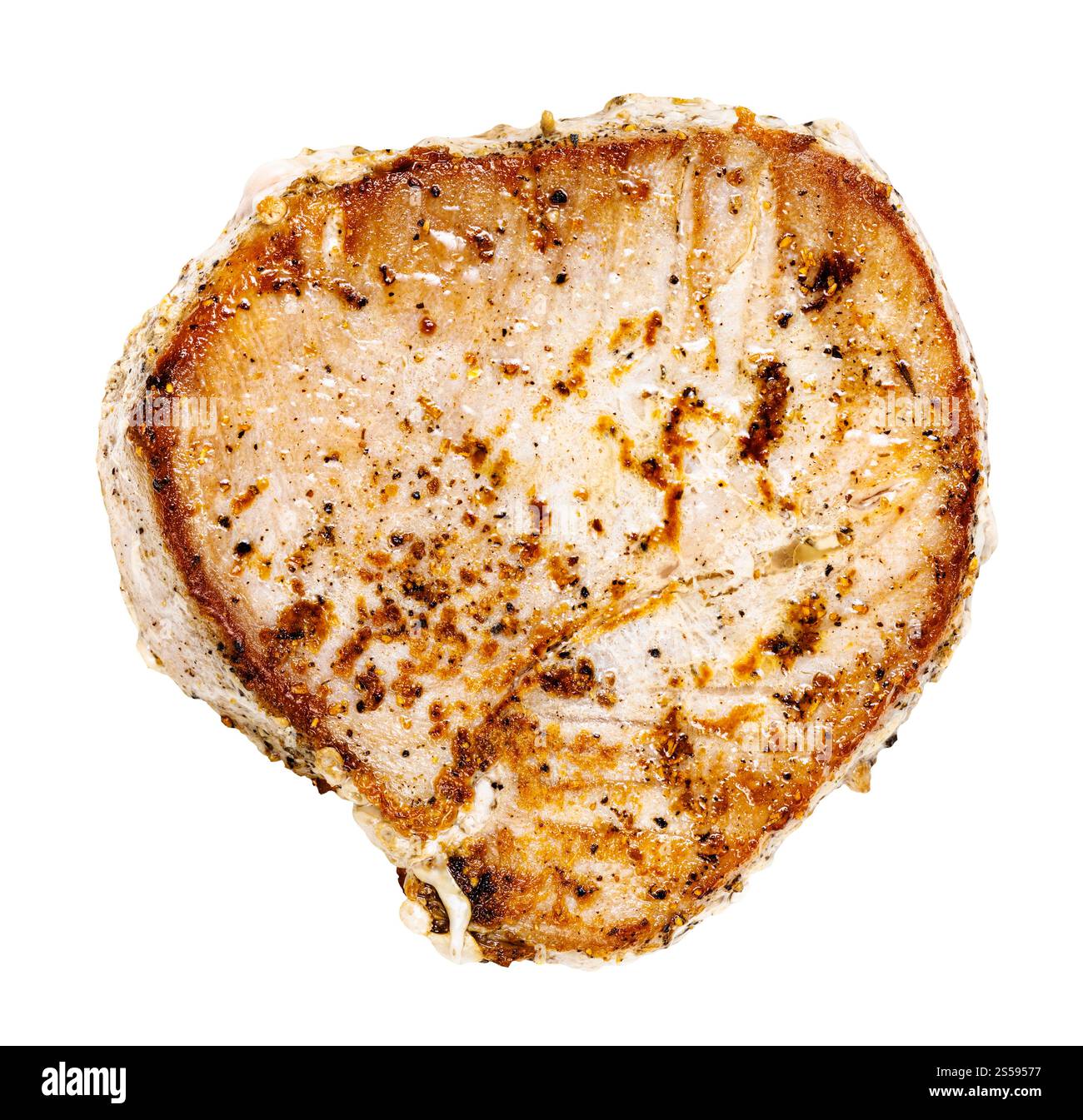 Gegrilltes Thunfischsteak auf weißem Hintergrund isoliert Stockfoto