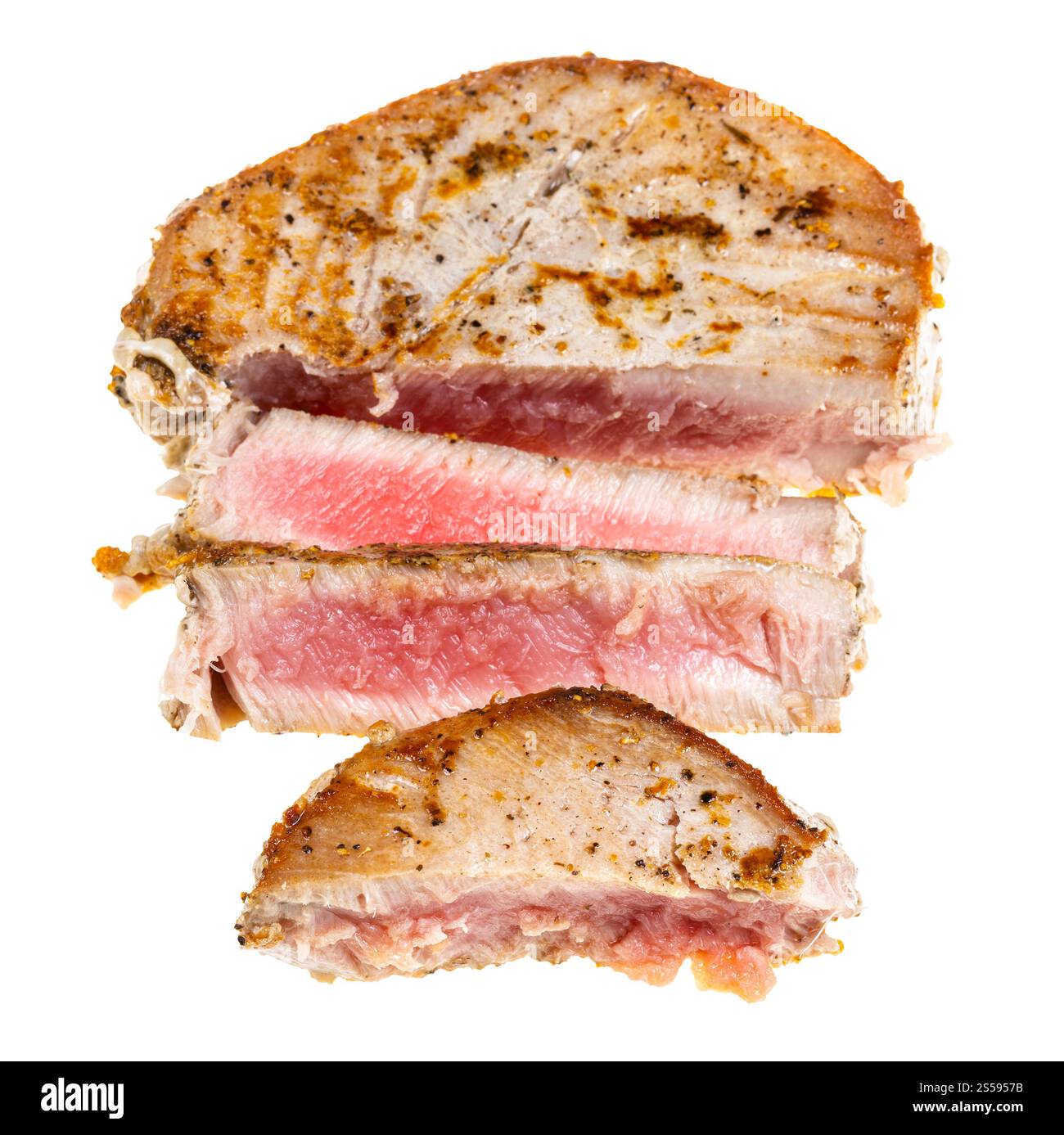 Gebratenes Steak aus Thunfisch auf weißem Hintergrund isoliert Stockfoto