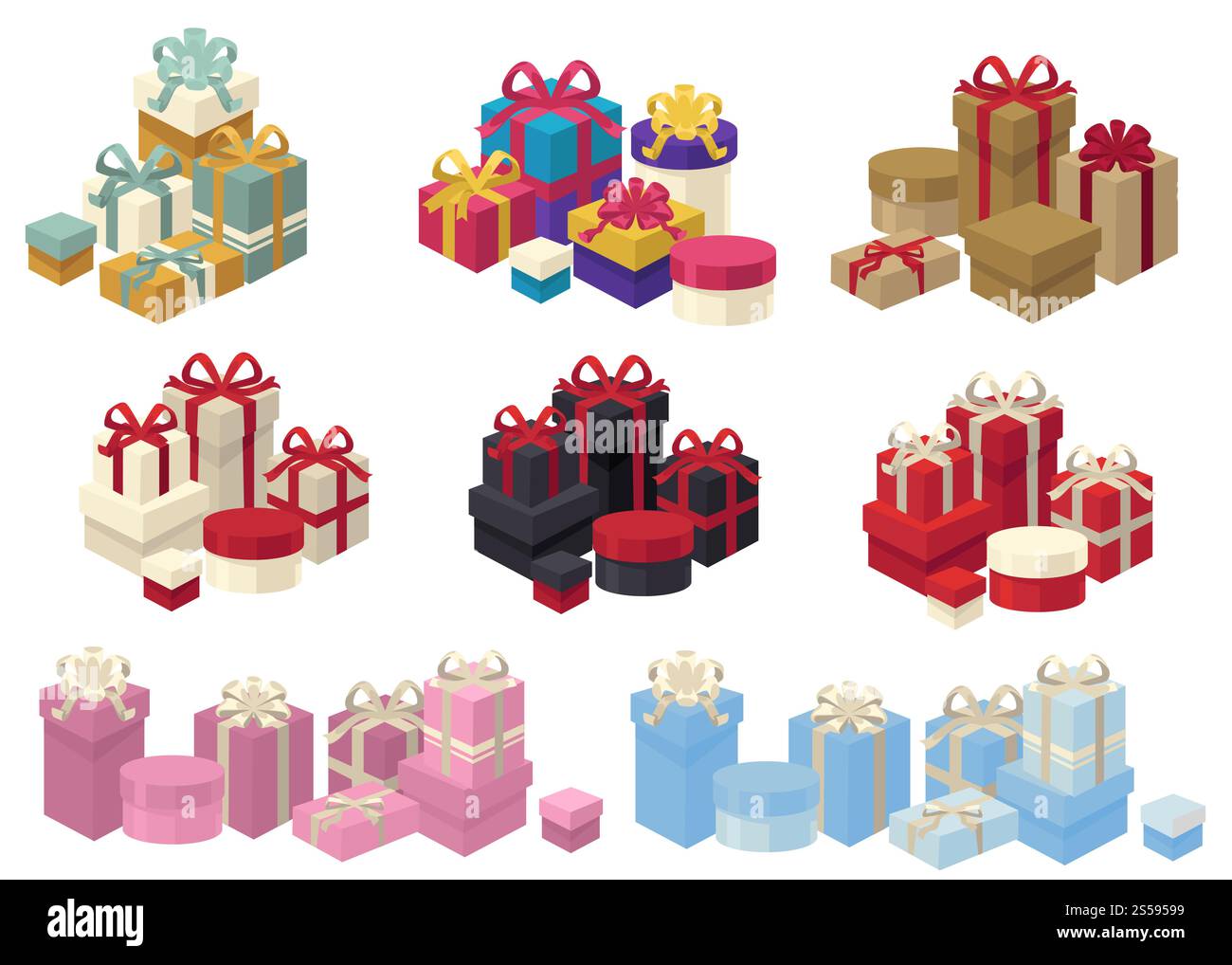 Geschenke und Geschenke verpackt mit Dekorationspapieren und Schleifen aus Bändern Vektor. Überraschung am Geburtstag oder Weihnachtsfeiertag, Pakete mit Artikeln. Behälterverpackungen unterschiedlicher Form und Farbe. Geschenke und Geschenke mit Dekorationspapieren und Schleifen Stock Vektor
