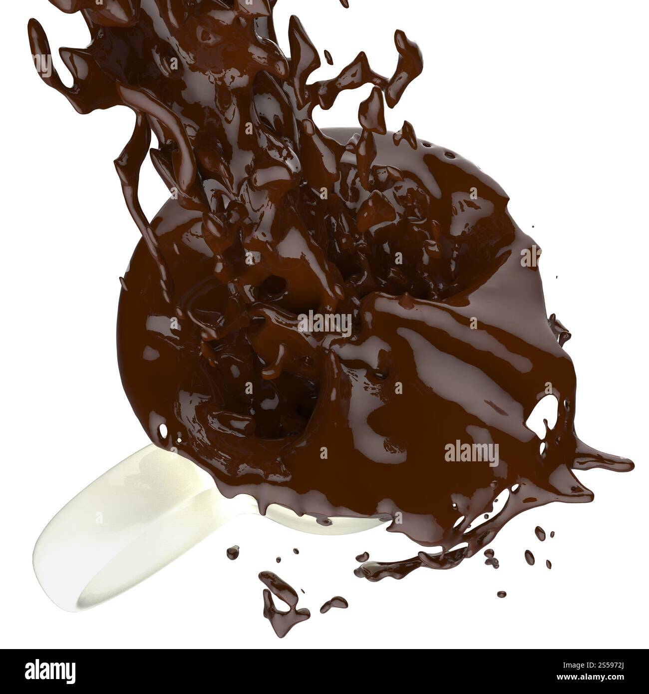 Spritzer brauner, schmelzender heißer Schokolade in einer weißen Tasse Stockfoto