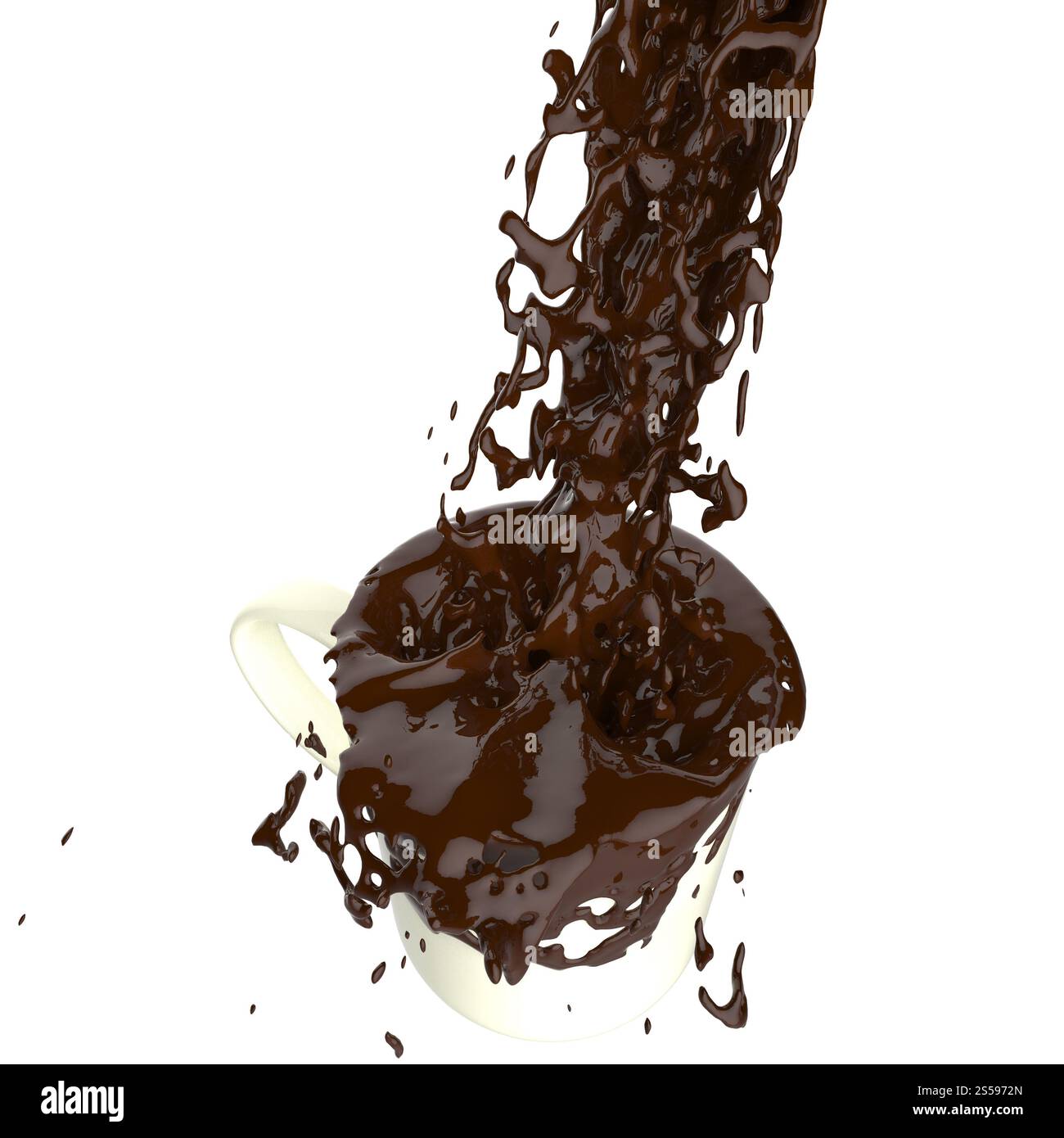 Spritzer brauner, schmelzender heißer Schokolade in einer weißen Tasse Stockfoto