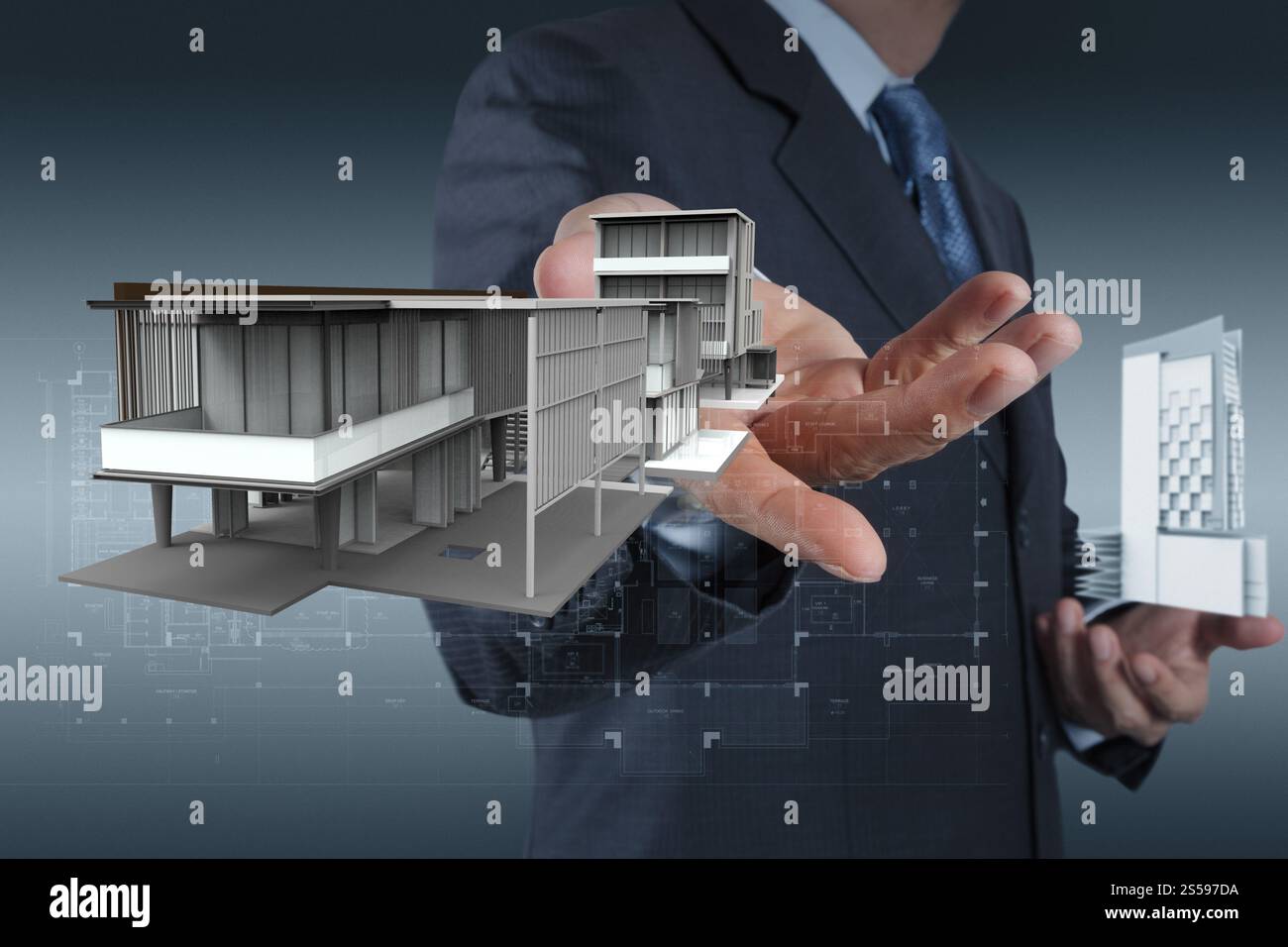 Geschäftsmann zieht Entwicklung Gebäudekonzept Stockfoto