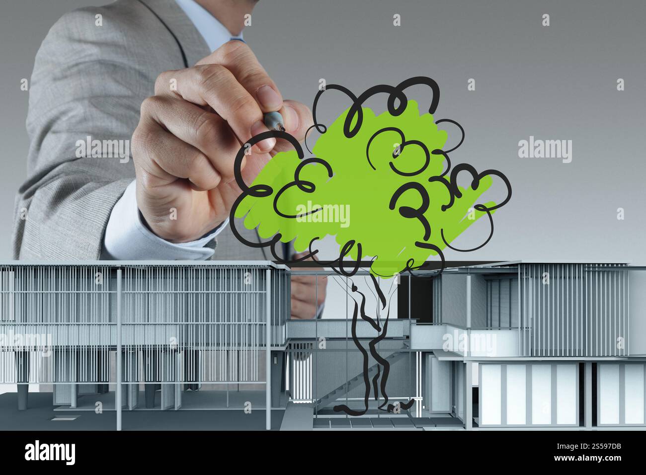 Geschäftsmann zieht Entwicklung Gebäudekonzept Stockfoto