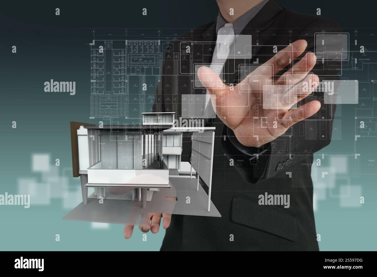 Geschäftsmann zieht Entwicklung Gebäudekonzept Stockfoto