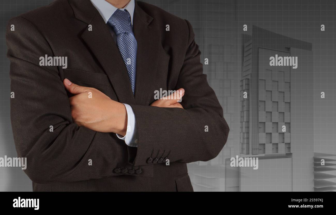 Geschäftsmann zieht Entwicklung Gebäudekonzept Stockfoto