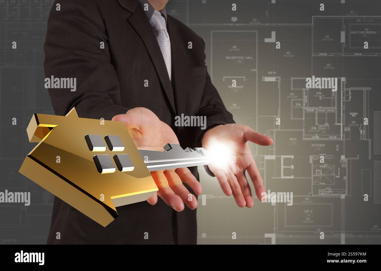 Geschäftsmann zieht Entwicklung Gebäudekonzept Stockfoto