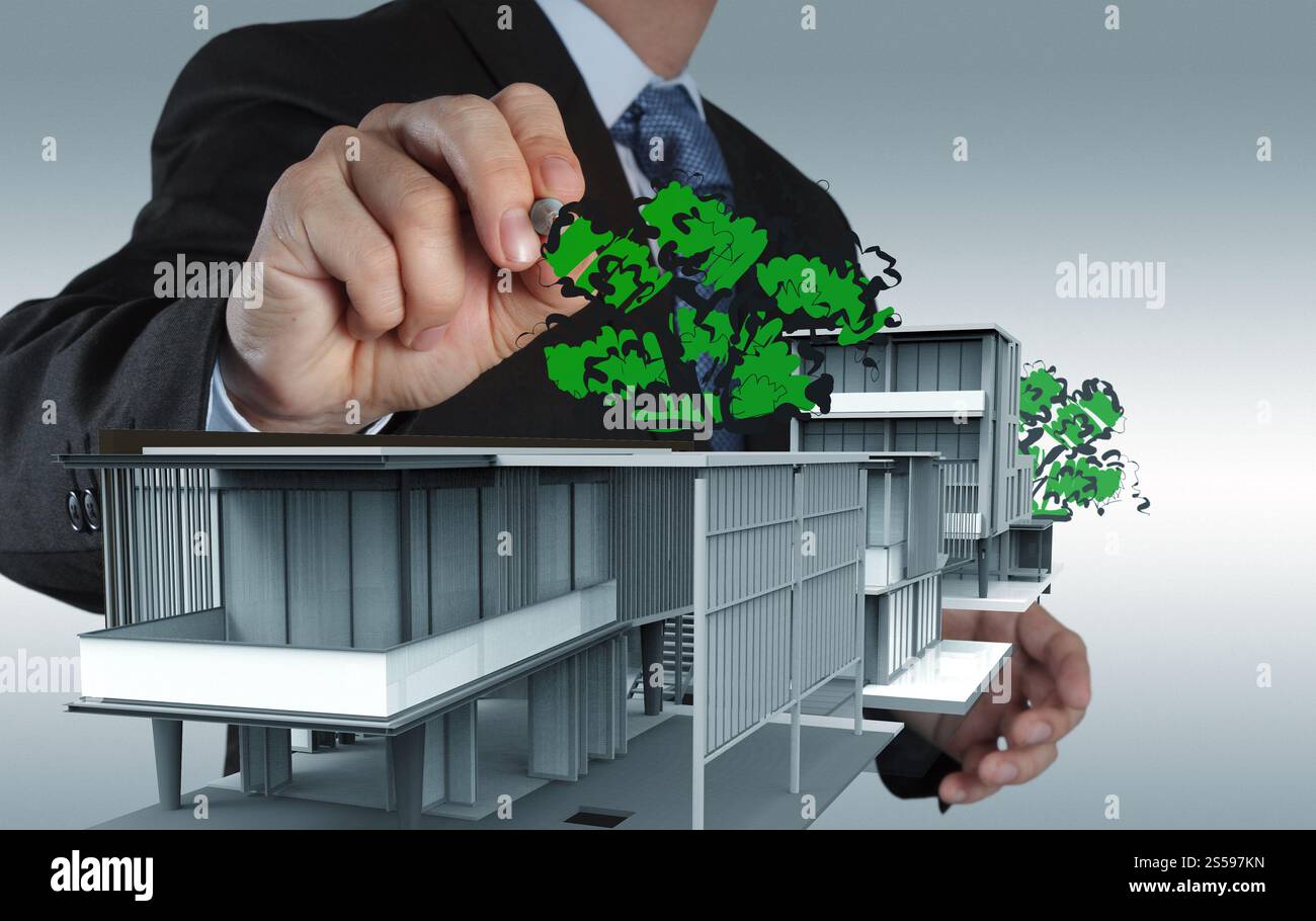 Geschäftsmann zieht Entwicklung Gebäudekonzept Stockfoto
