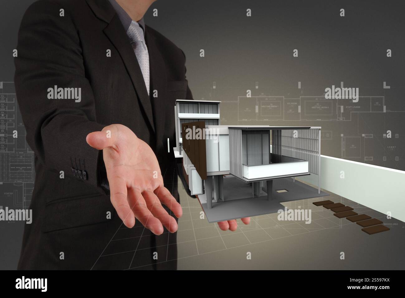 Geschäftsmann zieht Entwicklung Gebäudekonzept Stockfoto