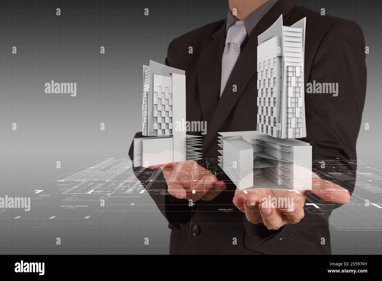 Geschäftsmann zieht Entwicklung Gebäudekonzept Stockfoto