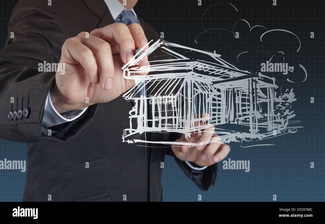 Geschäftsmann zieht Entwicklung Gebäudekonzept Stockfoto