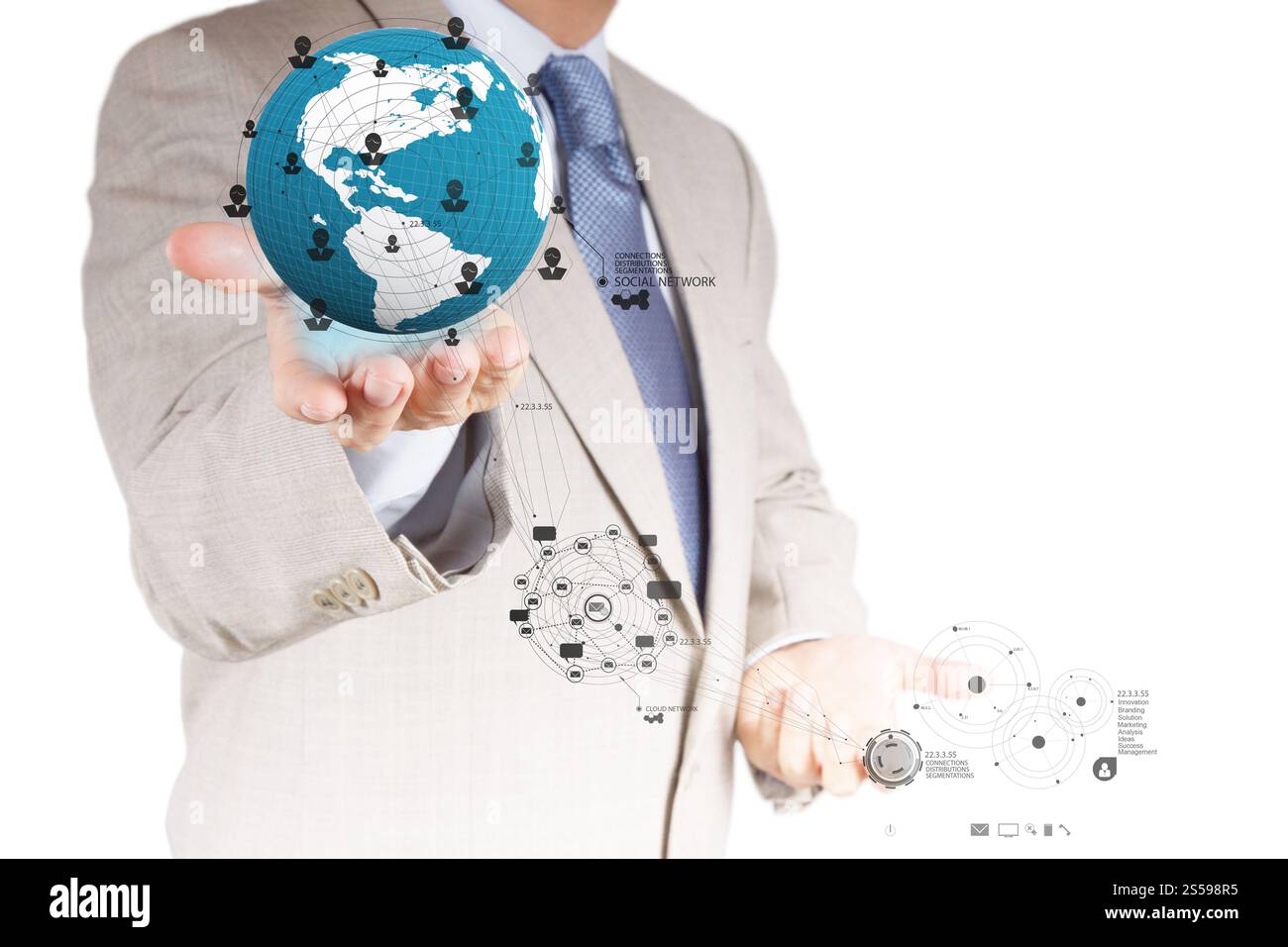 Geschäftsmann Hand mit neuen modernen Computer Arbeiten zeigen die Erde-soziales Netzwerk-Struktur Stockfoto