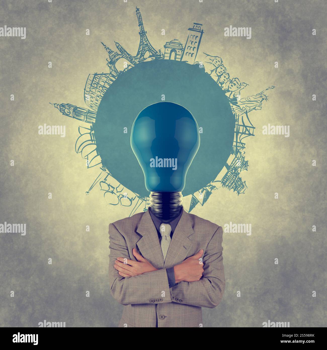 Geschäftsmann und Glühbirne Kopf und Reisen auf der ganzen Welt als Vintage-Stil-Konzept Stockfoto