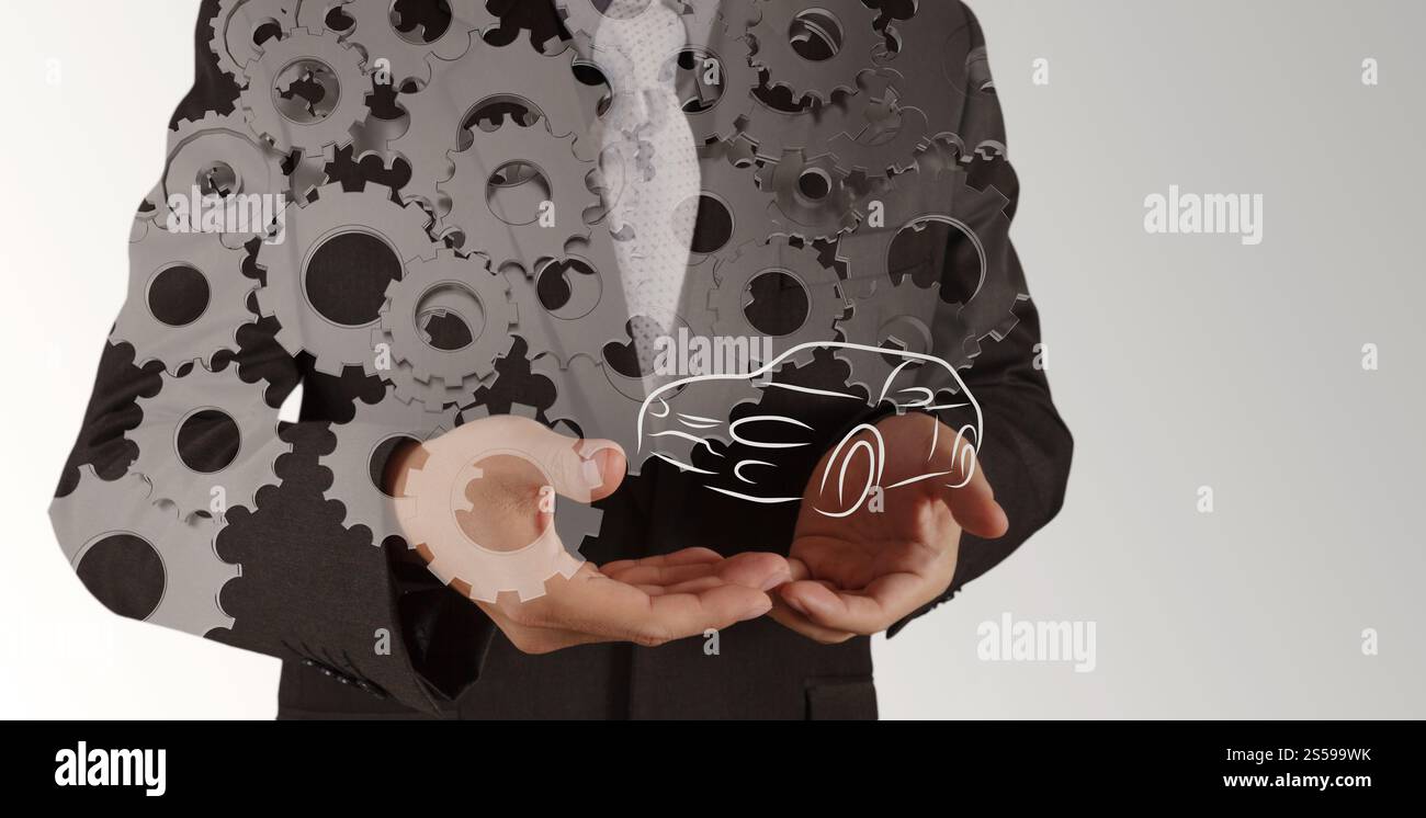 Doppelbelichtung von Geschäftsmanns Hand mit Ausrüstung und Hand gezeichnet von der Silhouette des Autos als Konzept Stockfoto