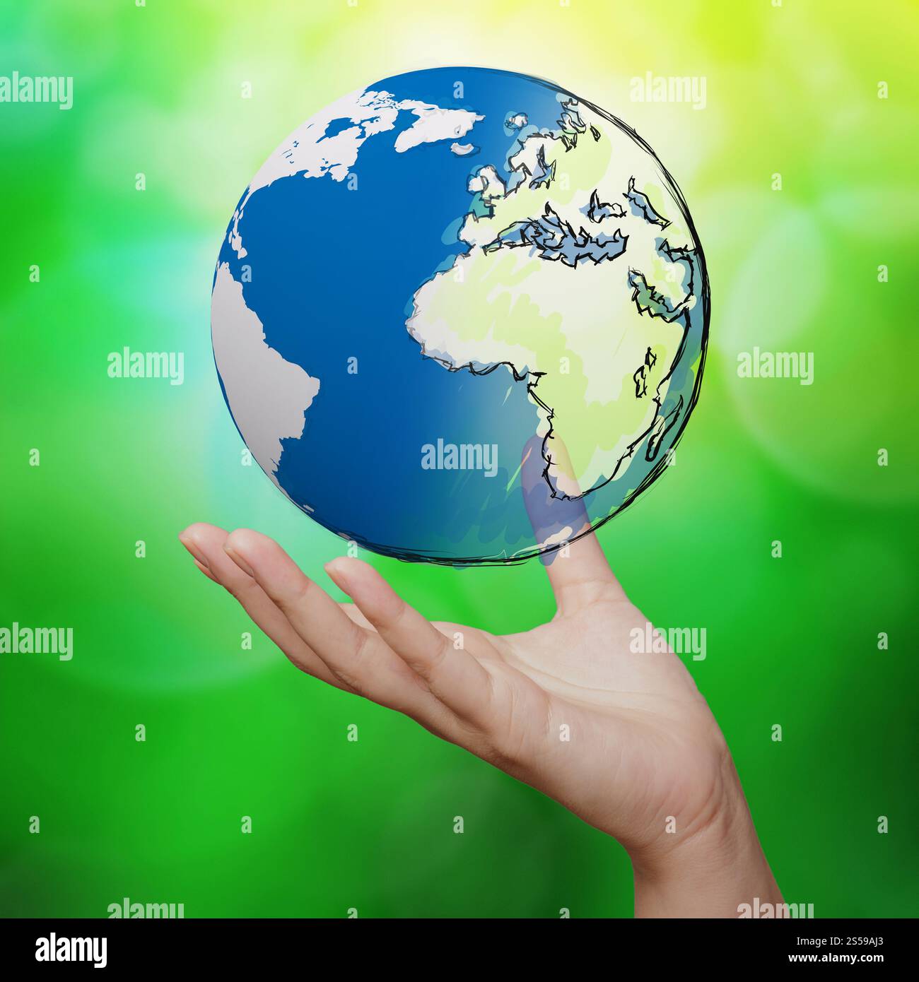 Hand mit 3d Erdkugel blaue und grüne Natur Hintergrund Stockfoto