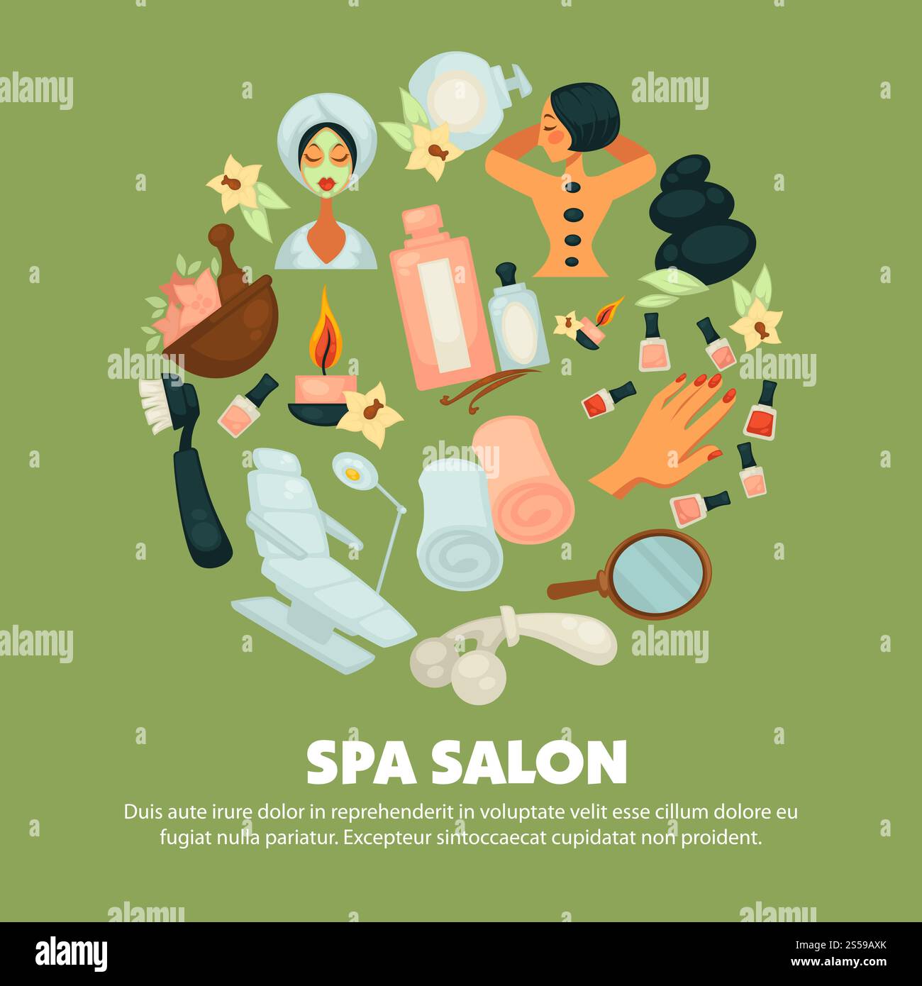 Spa-Salon mit Werbeplakat für hochwertige Hautpflegedienste. Frau im Handtuch und Bademantel mit Maske, Klientin, die Massage mit heißen Steinen und natürliche Schönheit genießt, bedeutet Vektorillustrationen im Kreis. Spa-Salon mit Werbeplakat für hochwertige Hautpflegedienste Stock Vektor