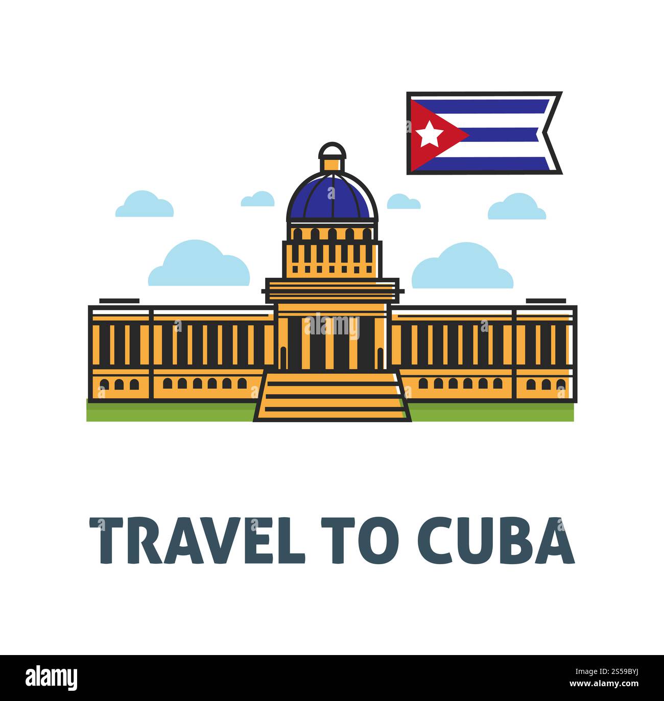 Reisen Sie nach Kuba kommerzielles Poster mit Kapitolgebäude und Nationalflagge. Architektonischer Anblick und Landsymbol isolierte Zeichentrick flache Vektor-Illustration auf Werbebanner mit weißem Hintergrund. Reisen Sie nach Kuba Poster mit Kapitolgebäude und Nationalflagge Stock Vektor