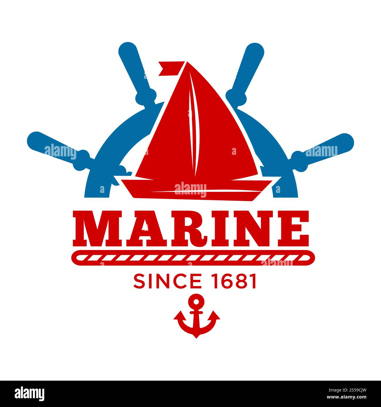 Marine Club seit 1681 Promo Emblem mit Segelboot und Ruder. Schiff Silhouette, kleiner Anker und großes Ruder auf Emblem für Seeleute Gemeinschaft isolierte Karikatur flache Vektor Illustration auf weiß.. Marine Club seit 1681 Promo Emblem mit Segelboot und Ruder Stock Vektor