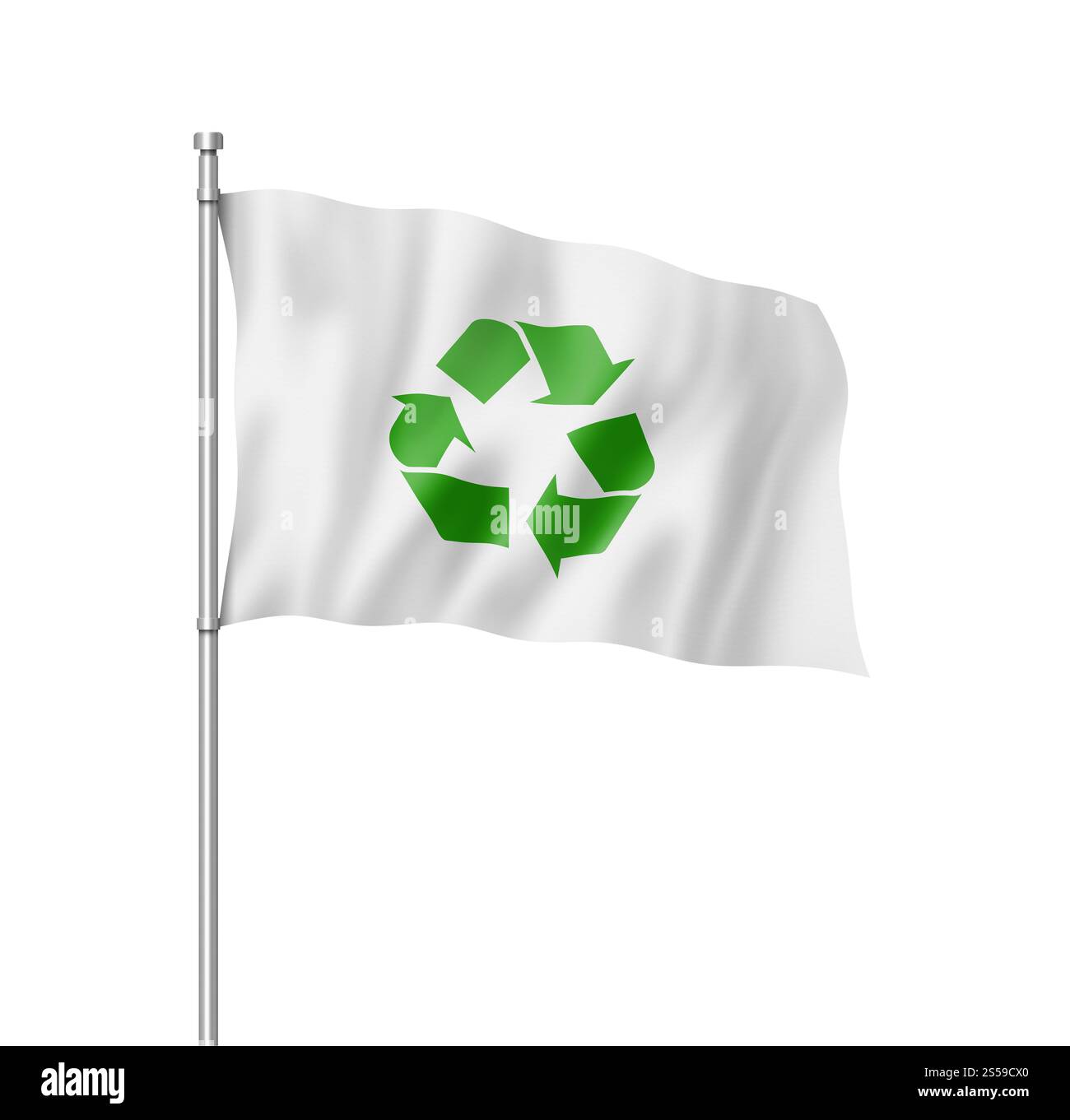 Recycling-Symbol-Flag, dreidimensionales Rendering, isoliert auf weiß. Kennzeichnung für Recycling-Symbol ist weiß isoliert Stockfoto