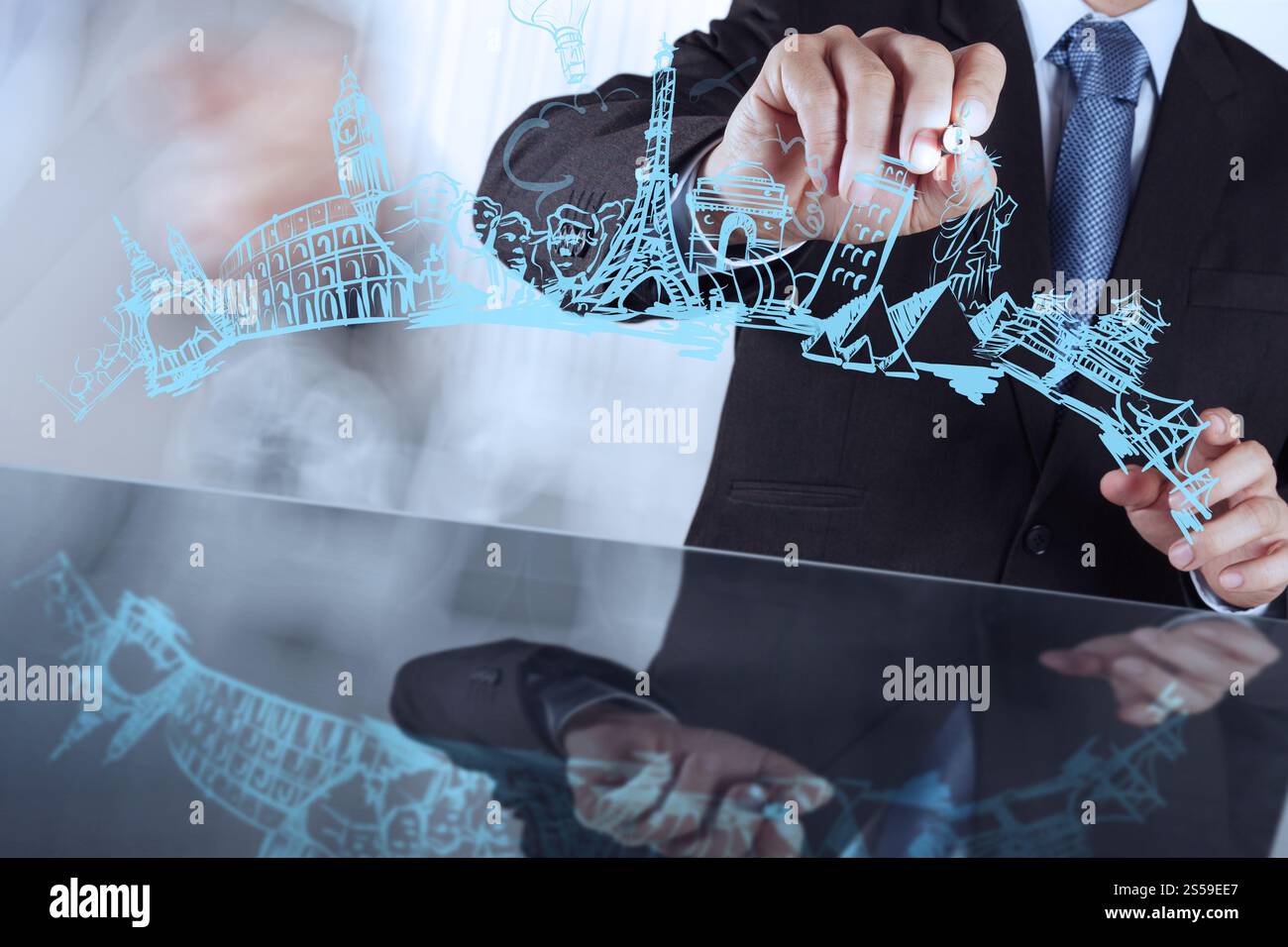 Geschäftsmann handgezeichnete hölzernen Hintergrund als Vintage-Konzept auf der ganzen Welt unterwegs Stockfoto