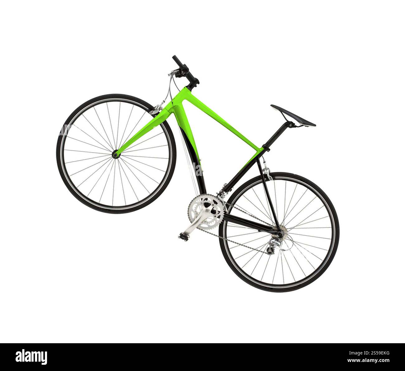 Grünes Bike auf weißem Hintergrund. Umweltfreundliches Motorrad isoliert Stockfoto
