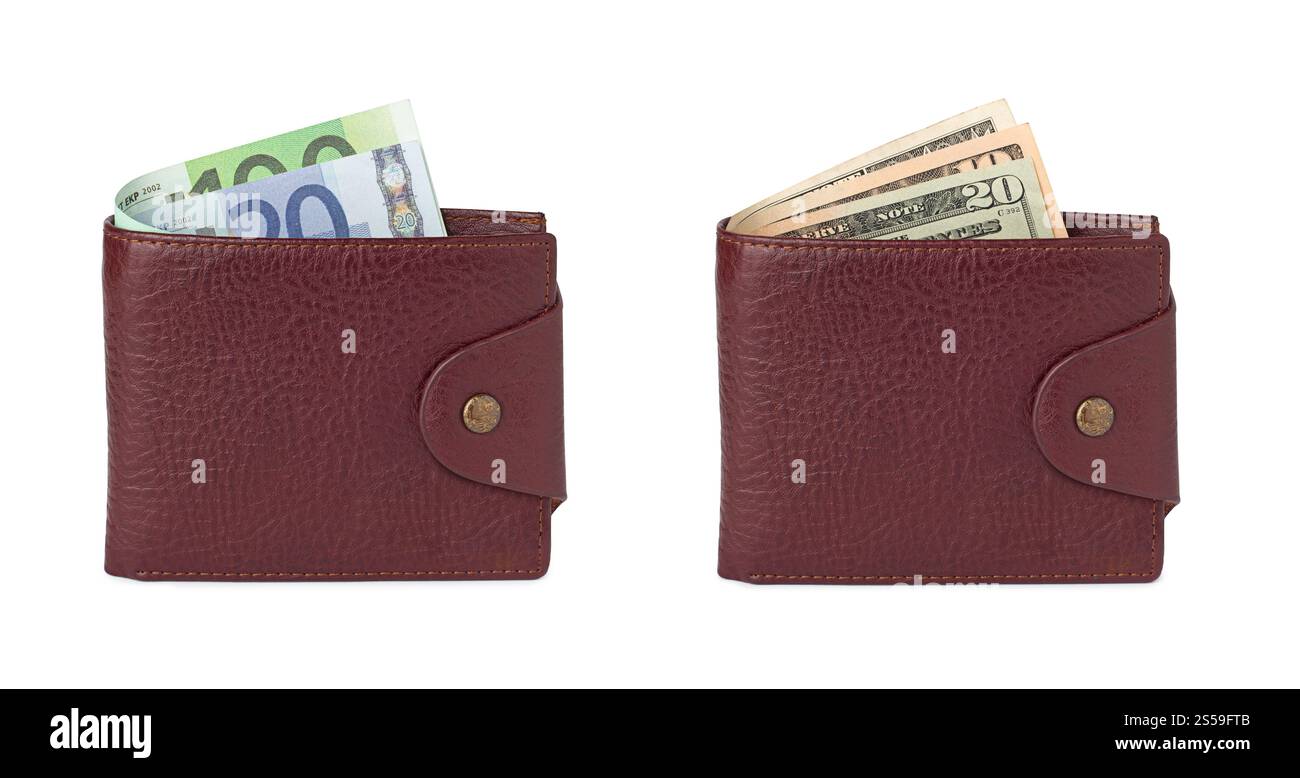Euro und Dollar in Geldbörsen isoliert auf weißem Hintergrund. Euro und Dollar in Geldbörsen Stockfoto
