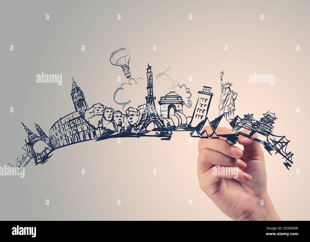 handgezeichnete hölzernen Hintergrund als Vintage-Konzept auf der ganzen Welt unterwegs Stockfoto