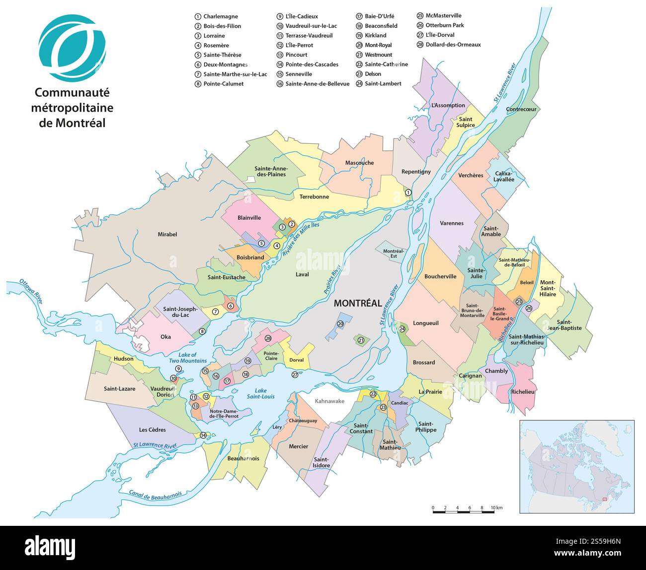 Verwaltungskarte des Großraums Montreal, Kanada Stockfoto