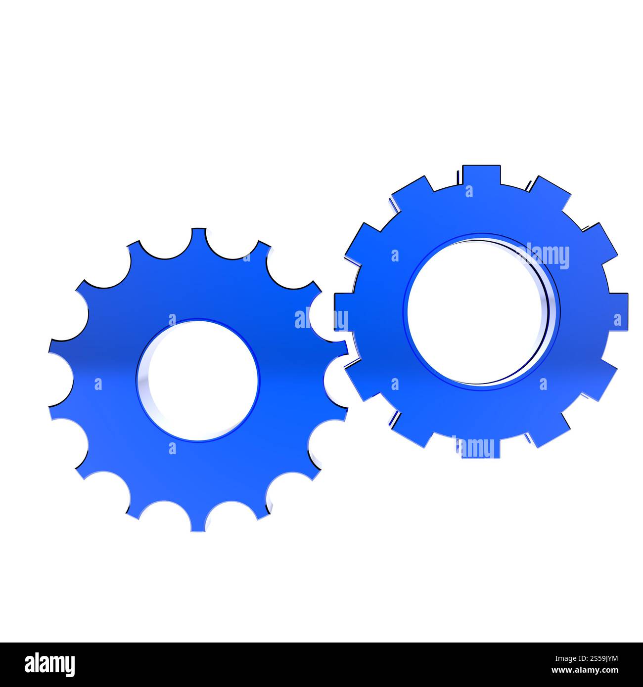 3D blaue Zahnrad Zahnrad auf weißem Hintergrund Stockfoto