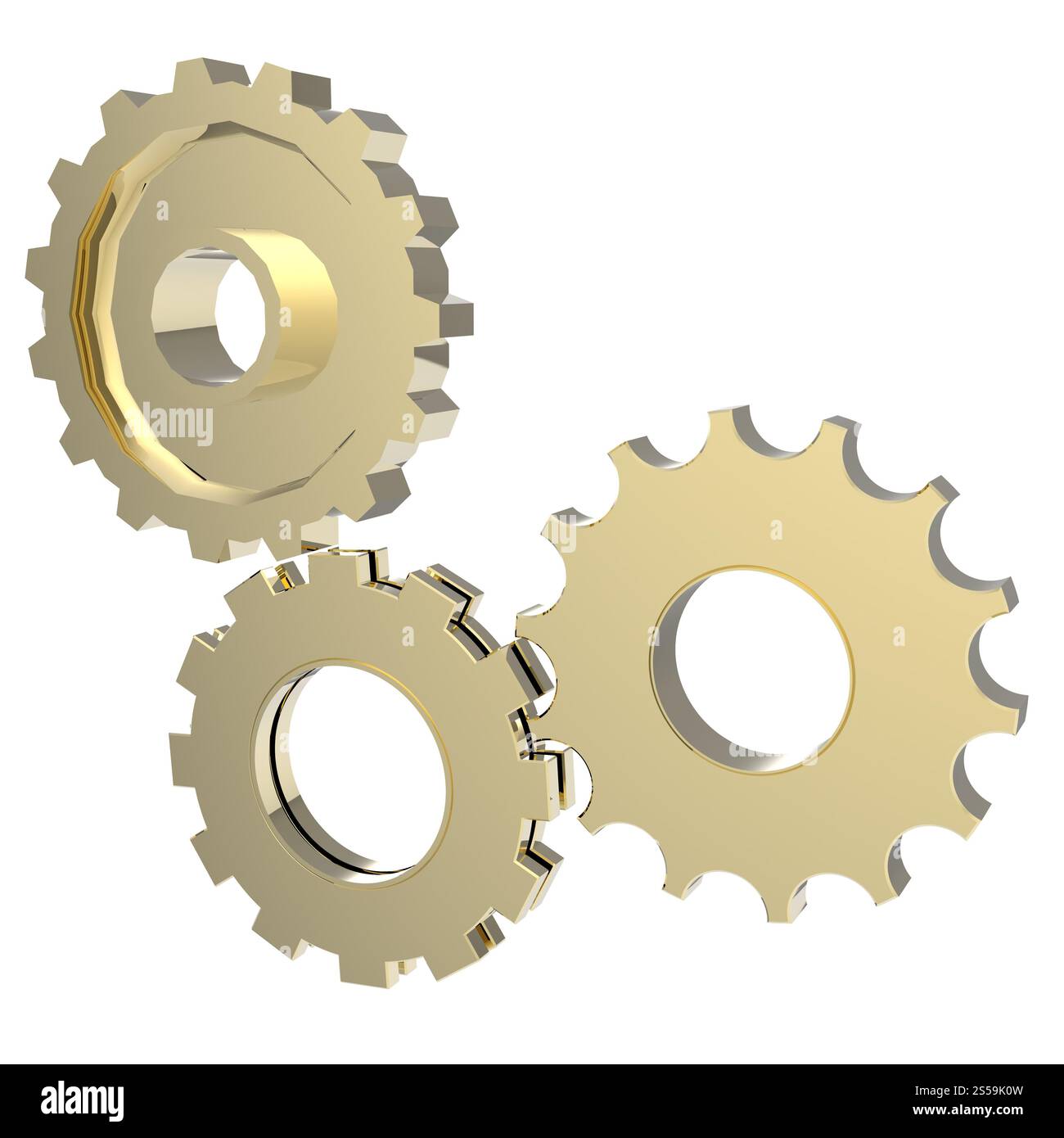3D gold Zahnrad-Getriebe auf weißem Hintergrund Stockfoto