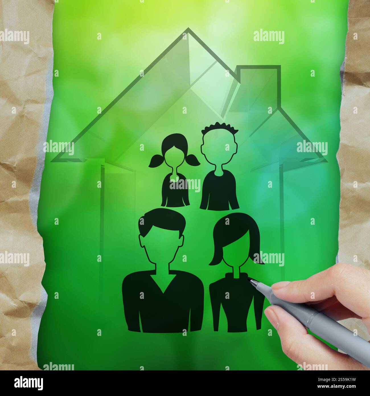 überreichen Sie Zeichnung 3d Haus mit Familie Symbol als Versicherungskonzept Stockfoto überreichen Sie Zeichnung 3d Haus mit Familie Symbol als Versicherungskonzept Stockfoto
