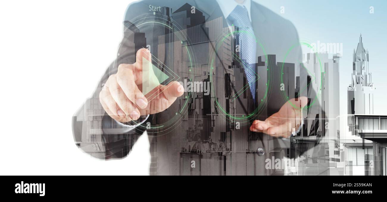 Doppelbelichtung Geschäftsmann Handpresse spielen Taste Zeichen zu starten oder zu initiieren Projekte als Konzept Stockfoto