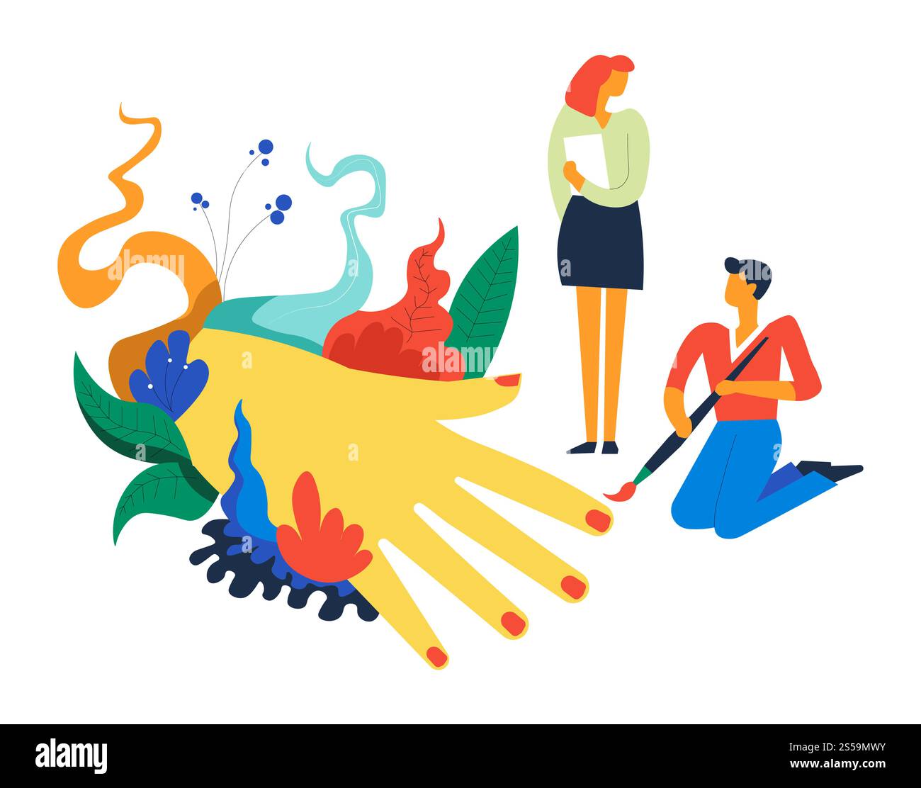 Schönheitssalon und Maniküre durch Fachvektor. Männliche Bürste in Händen halten und Fingernägel einer Klientin malen. Weibliches Kontrollverfahren, Blüten und Laub als dekorative Elemente. Schönheitssalon und Maniküre durch Fachvektor Stock Vektor