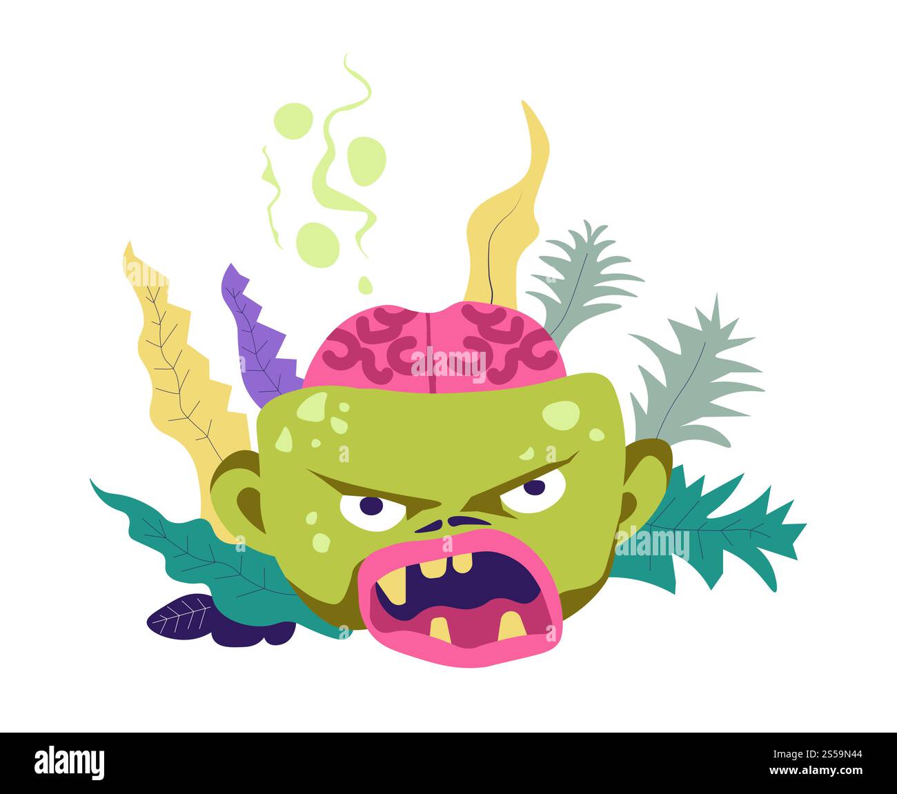 Zombie-Leiche mit gebrochenem Schädel mit Hirnvektor. Wütende untote Kreatur mit Grinsen und wütendem Ausdruck im Gesicht. Infizierte Person schreiend, schlechter Geruch von totem Fleisch. Laub und Dekorationsblätter. Zombie-Leiche mit gebrochenem Schädel mit Hirnvektor Stock Vektor