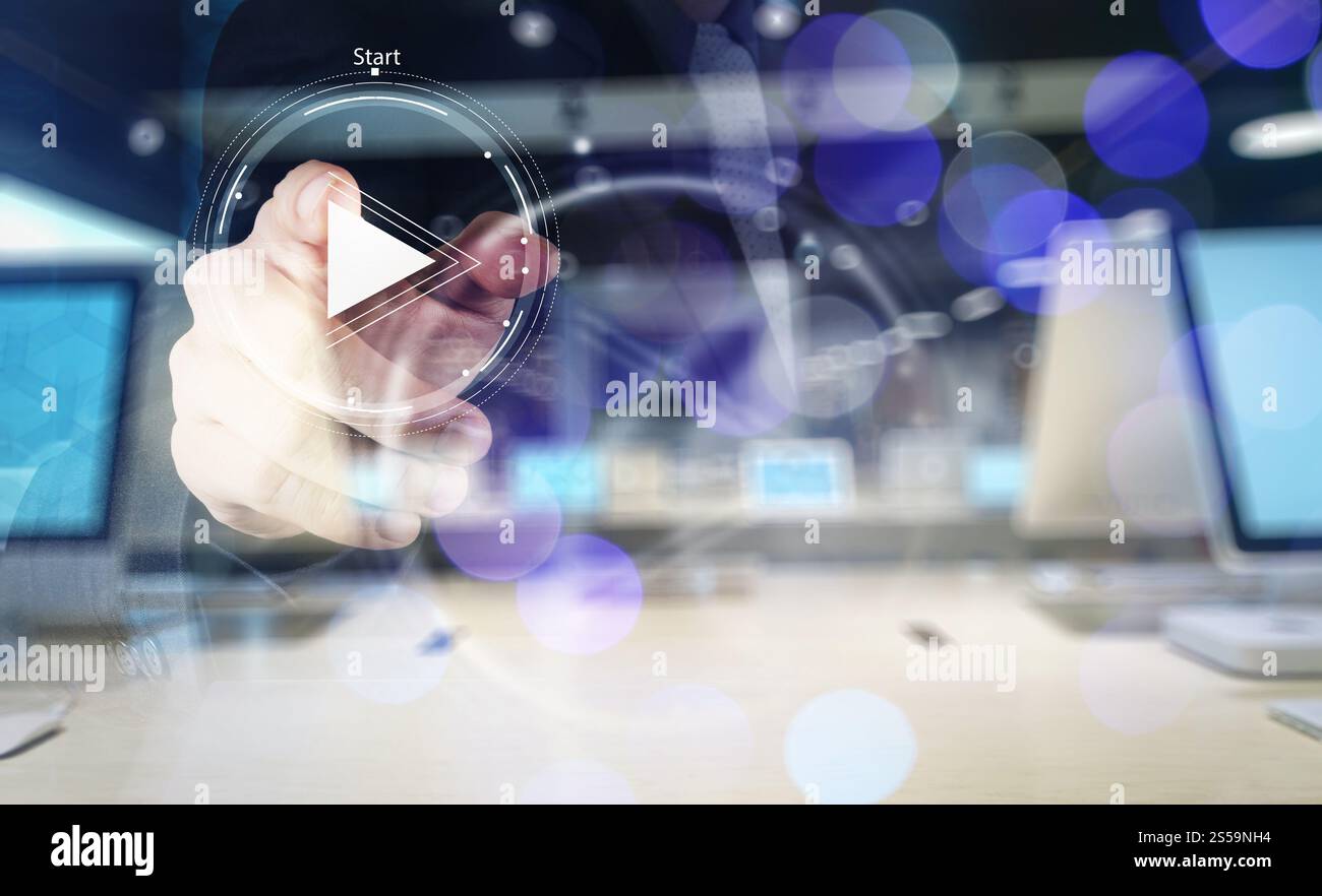 Doppelbelichtung Handpresse spielen Taste Zeichen zu starten oder zu initiieren Projekte als Konzept Stockfoto