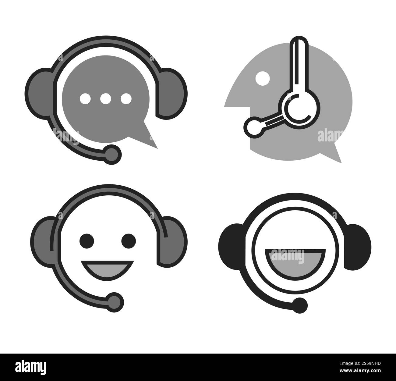 Online-Unterstützung Schwarzweiß-Symbole mit Kopf im Headset. Einfacher Kopfhörerkopf mit Mikrofon in Schwarz-weiß-Farben. Hotline Service Logos isolierte Zeichentrick flache Vektor Illustrationen Set.. Online-Unterstützung Schwarzweiß-Symbole mit Kopf im Headset Stock Vektor