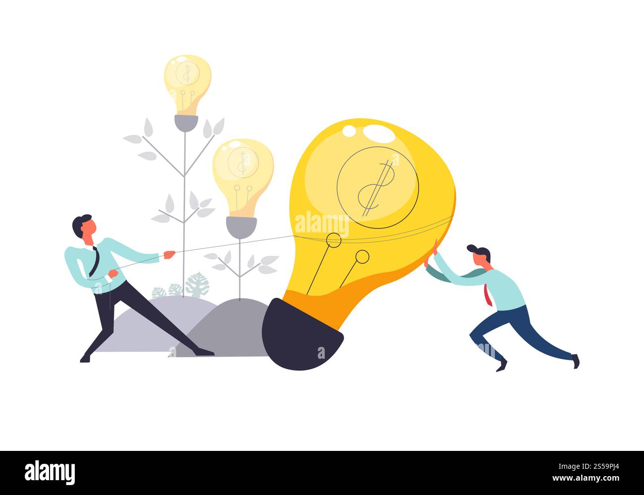 Geschäftliche Teamarbeit von Menschen, die Glühbirnen zusammenziehen Vektor. Baum mit elektrischer Glühlampe beleuchtet Licht, Geschäftsmann in formellen Anzügen, mit Verbindungen, die damit beschäftigt sind, Geld und Geld zu verdienen. Geschäftliche Teamarbeit von Menschen, die Glühbirnen zusammenziehen Vektor Stock Vektor