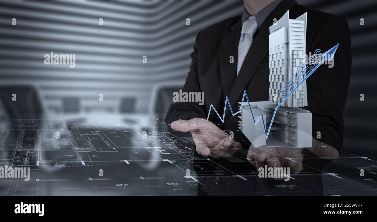 Geschäftsmann Hand Geschenke Entwicklung Gebäudekonzept Stockfoto