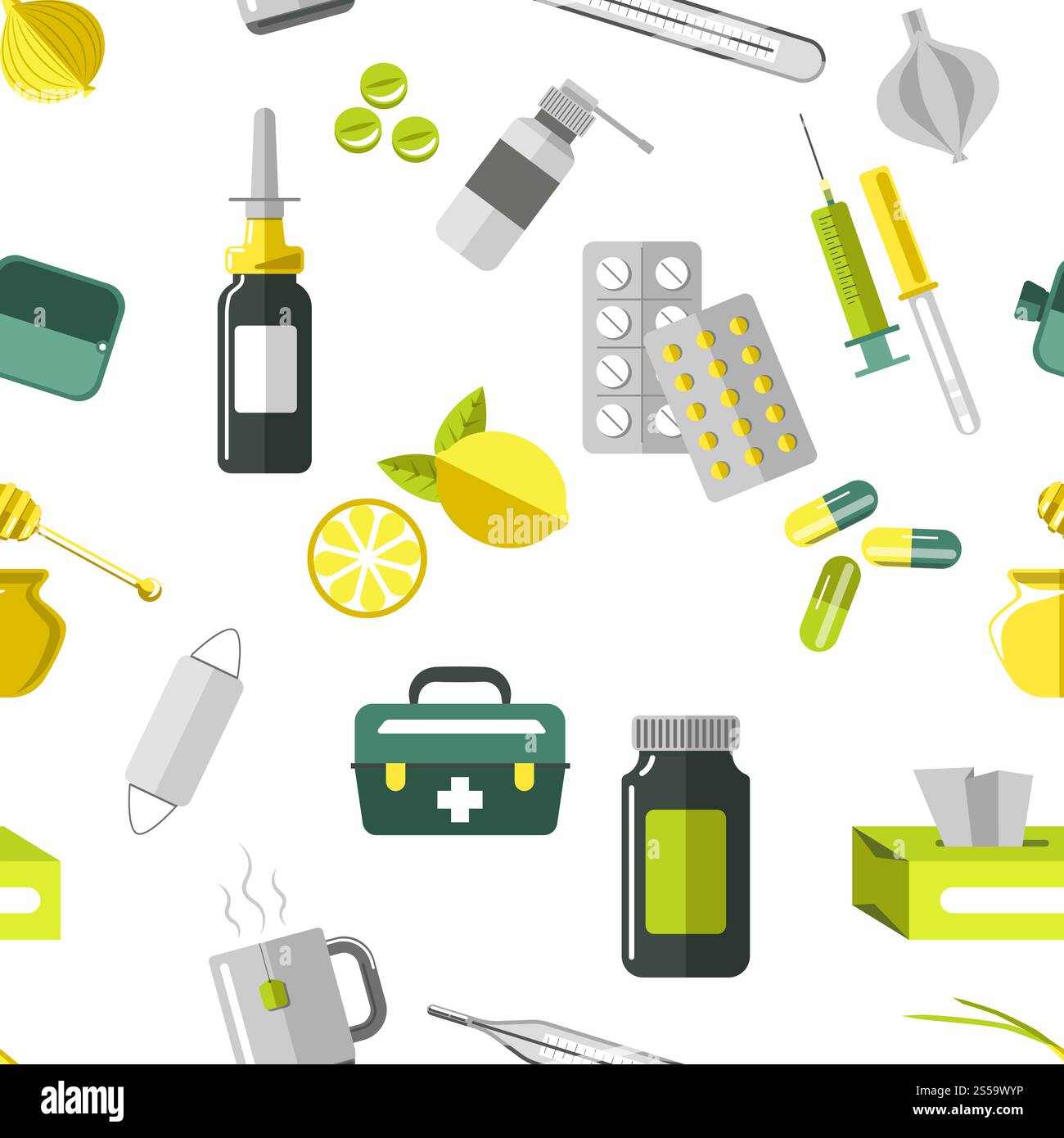 Arzneimittelpillen in Blister und Tropfen nahtlose Muster Vektor. Behandlungsmethoden und Pflege, Pipette und Spritze für Spritzen und Injektionen. Gesundheit und medizinische Versorgung der Patienten. Tee und Knoblauchvitamine. Arzneimittelpillen in Blister und Tropfen nahtlose Muster Vektor. Stock Vektor