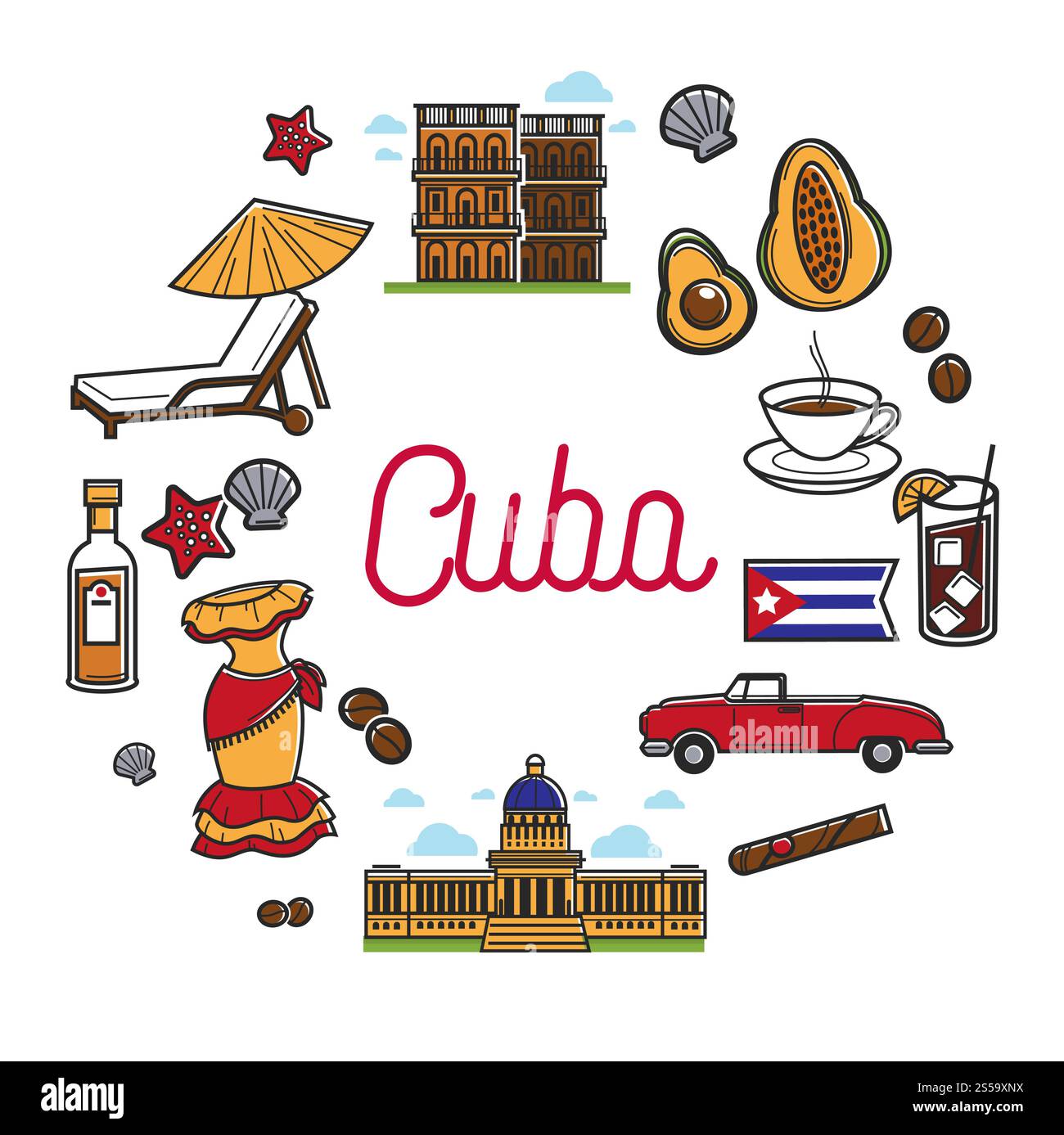 Reisen Sie nach Kuba Promo-Poster mit nationalen Symbolen. Architektonische Symbole, rotes Cabriolet, duftender Kaffee, berühmter Rum, natürliche Zigarre, weibliches Kleid, exotische Früchte und weiche Liegesessel-Vektor-Illustrationen.. Reisen Sie nach Kuba Promo-Poster mit nationalen Symbolen. Stock Vektor Reisen Sie nach Kuba Promo-Poster mit nationalen Symbolen. Architektonische Symbole, rotes Cabriolet, duftender Kaffee, berühmter Rum, natürliche Zigarre, weibliches Kleid, exotische Früchte und weiche Liegesessel-Vektor-Illustrationen.. Reisen Sie nach Kuba Promo-Poster mit nationalen Symbolen. Stock Vektor
