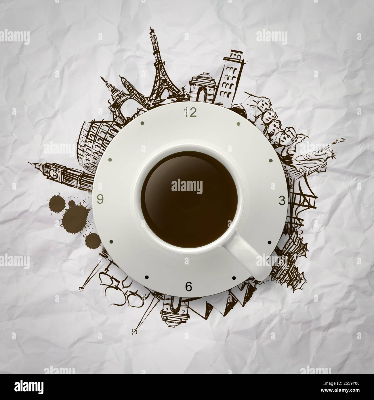 3D Tasse Kaffee und Uhr reisen auf der ganzen Welt als Konzept Stockfoto