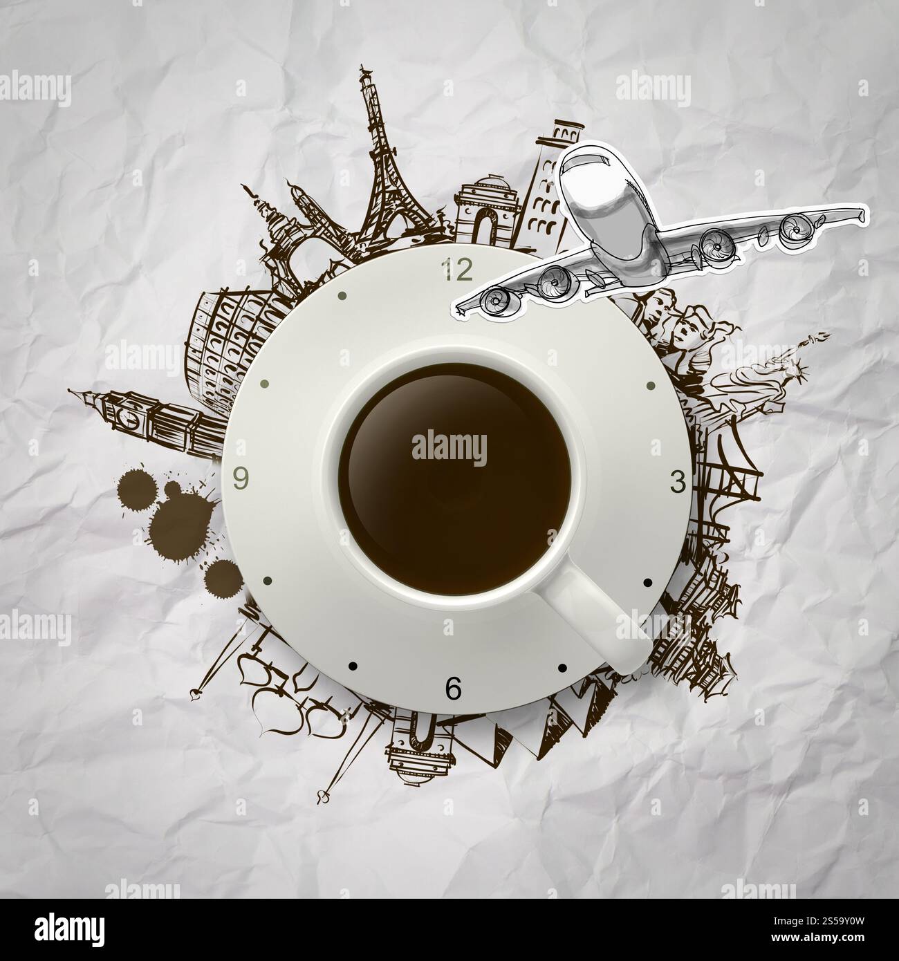 3D Tasse Kaffee und Uhr reisen auf der ganzen Welt als Konzept Stockfoto