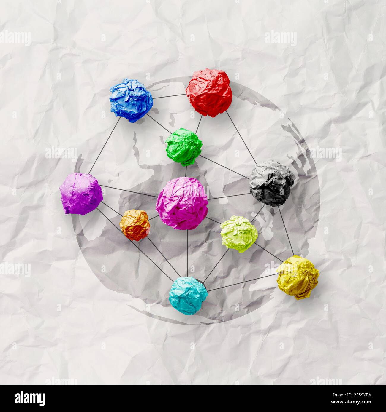zerknittertes Papier Farben als soziales Netzwerkstruktur auf faltige Papier Kreativkonzept Stockfoto