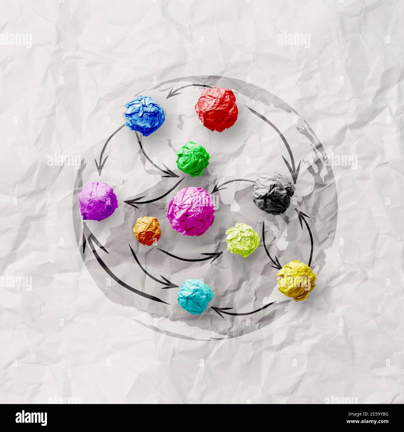 zerknittertes Papier Farben als soziales Netzwerkstruktur auf faltige Papier Kreativkonzept Stockfoto