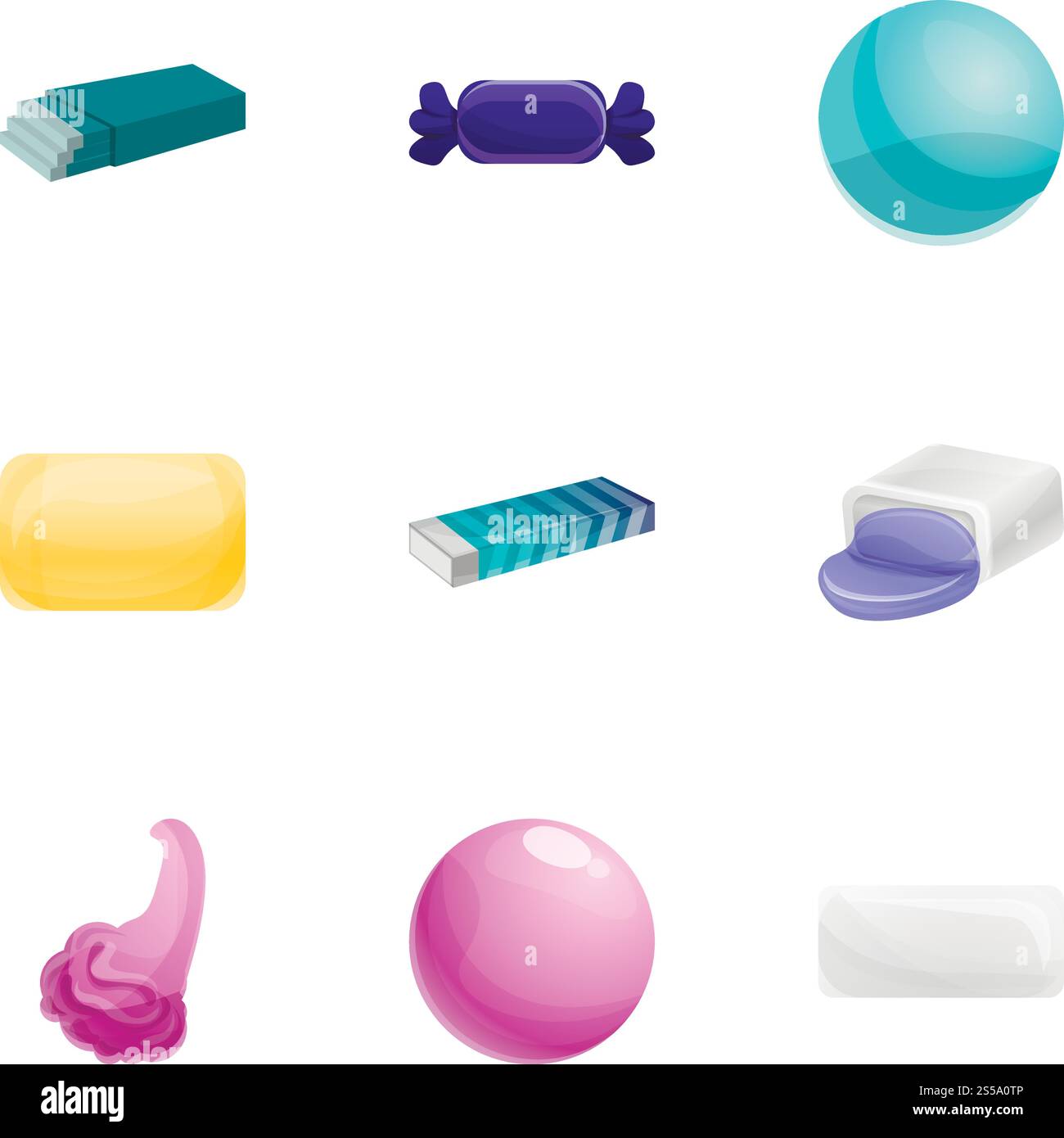 Zahnfleisch-Symbolgruppe. Zeichentricksatz von 9 Gummivektorsymbolen für Webdesign isoliert auf weißem Hintergrund. Gum-Symbol-Set, Cartoon-Stil Stock Vektor