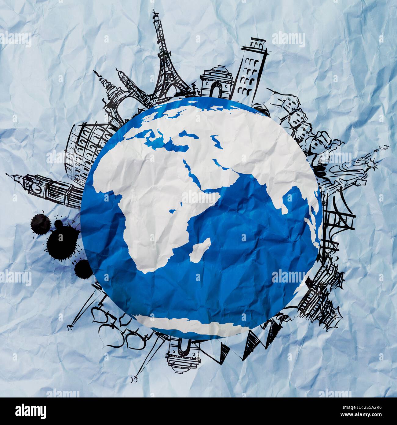 zerknittertes Papier und Reisen auf der ganzen Welt als Vintage-Stil-Konzept Stockfoto