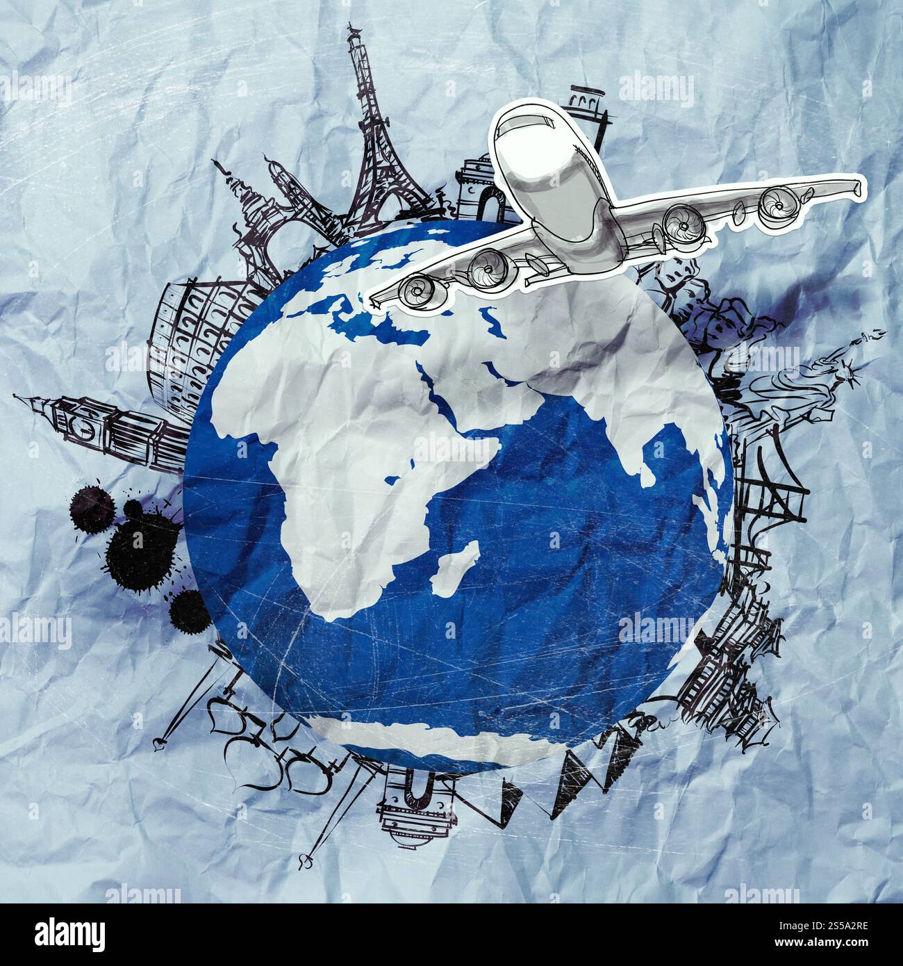 zerknittertes Papier und Reisen auf der ganzen Welt als Vintage-Stil-Konzept Stockfoto